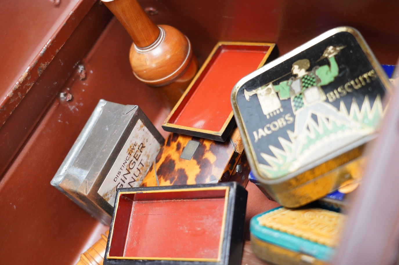 A quantity of 19th century and later collectables to include a circular burr wood snuff box, framed medals, a tortoiseshell snuff box and sundries. Condition - fair